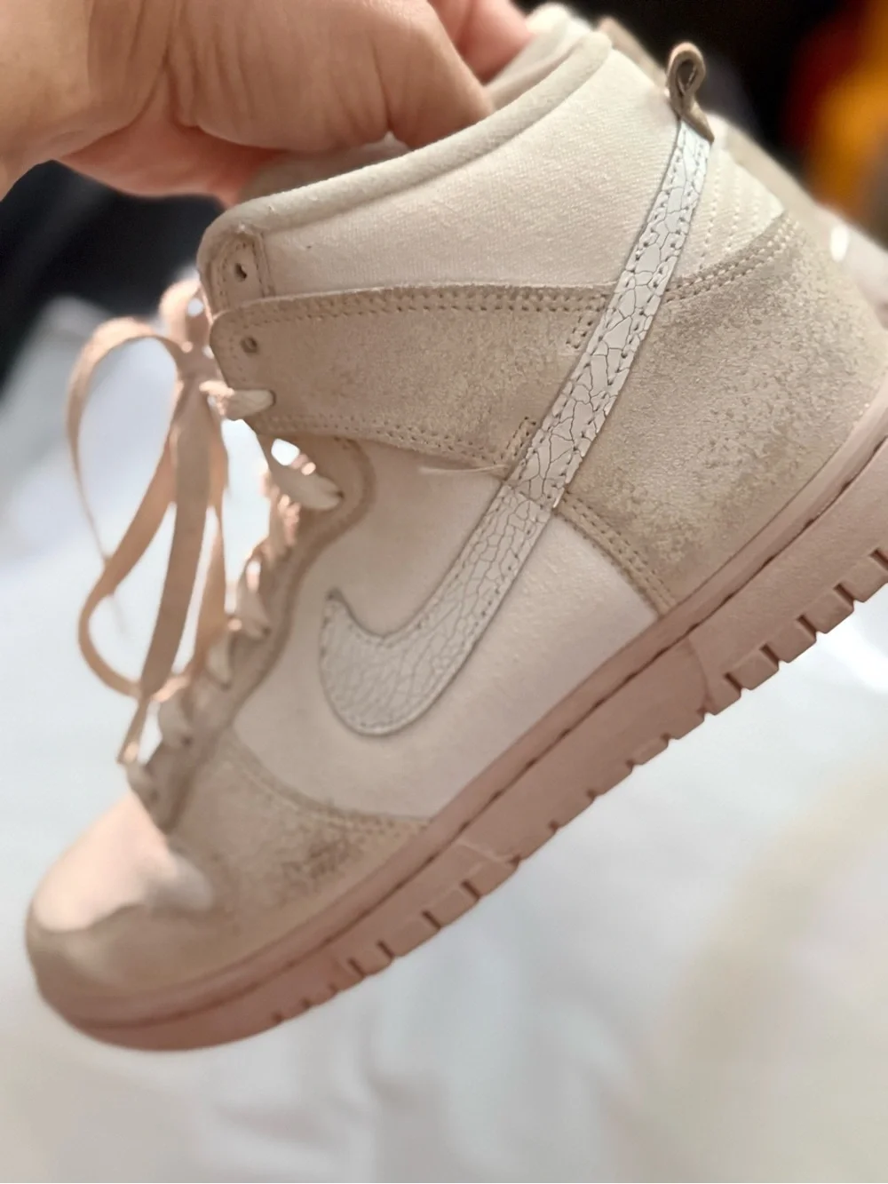 Nike Dunk High-Top Retro PRM Cracked Leather Swoosh Sneakers in Cream & White